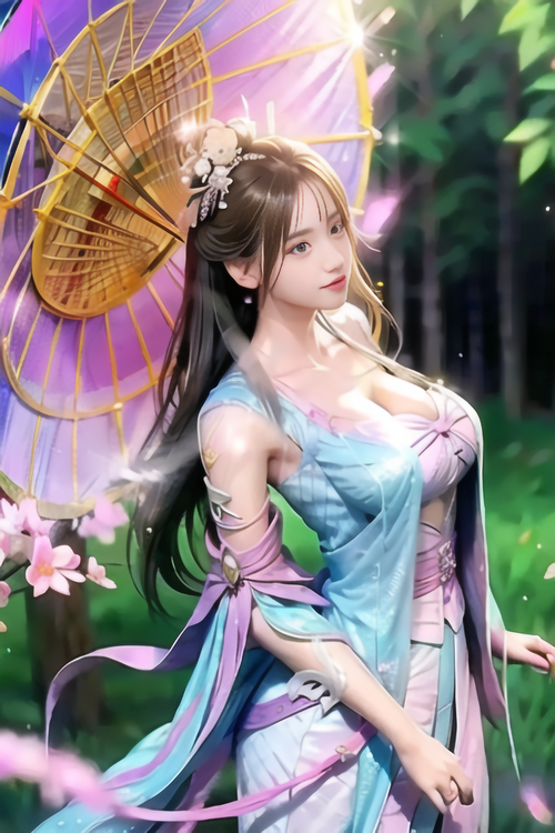 Asian woman in traditional dress with umbrella and flowers