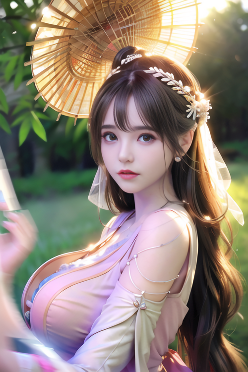 Asian woman in traditional dress with umbrella