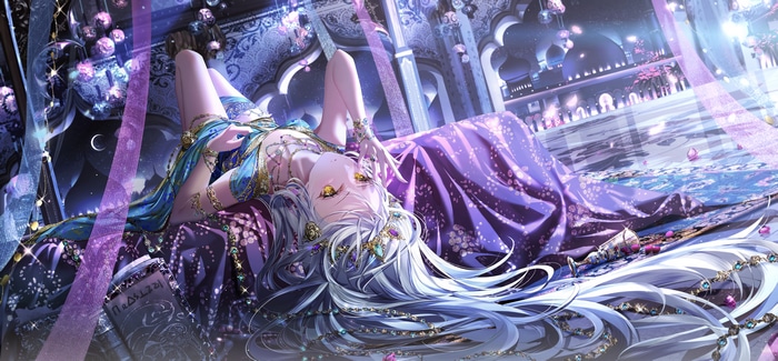 4K anime girl with silver hair lying on bed