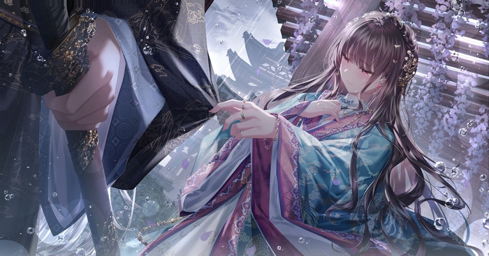 4K Anime Couple in Kimonos with Sword and Petals