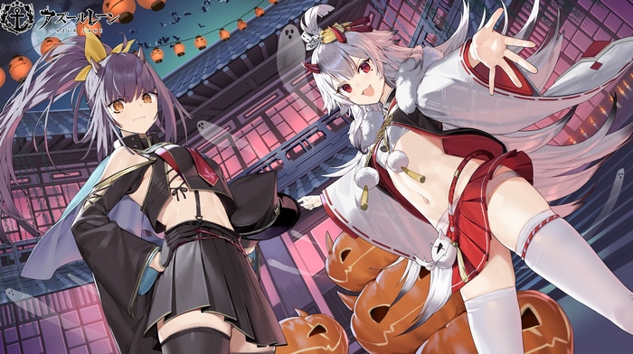 Azur Lane Halloween artwork with two anime girls and pumpkins