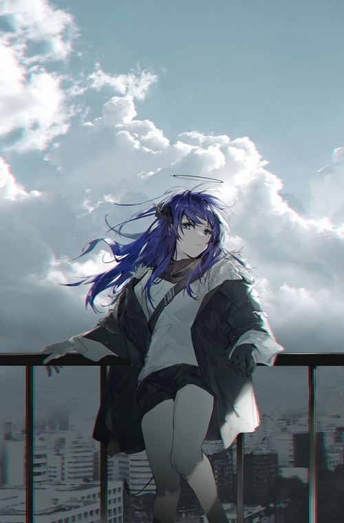 Mostima from Arknights on a rooftop with clouds