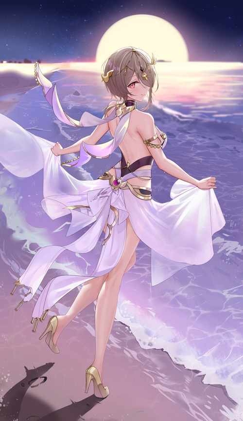 Anime girl in white dress on beach at night