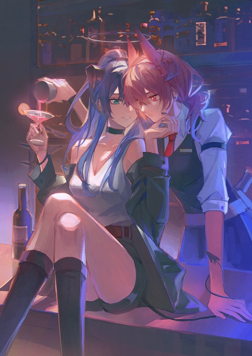 Mostima and Fiammetta at a bar in Arknights