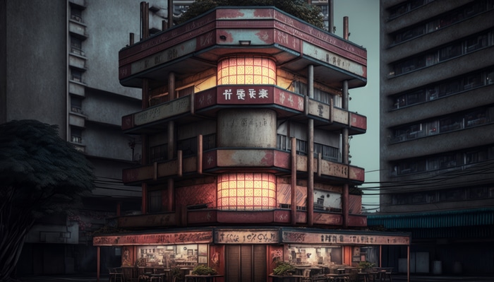 4K Japanese city building with glowing windows