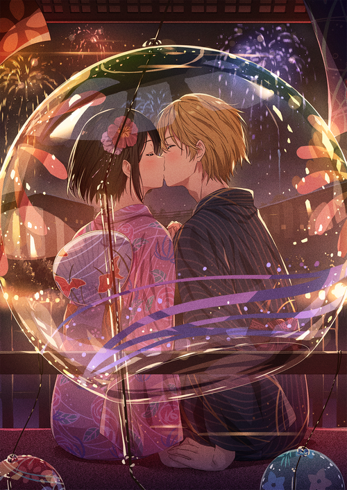 Couple kissing in a bubble with fireworks
