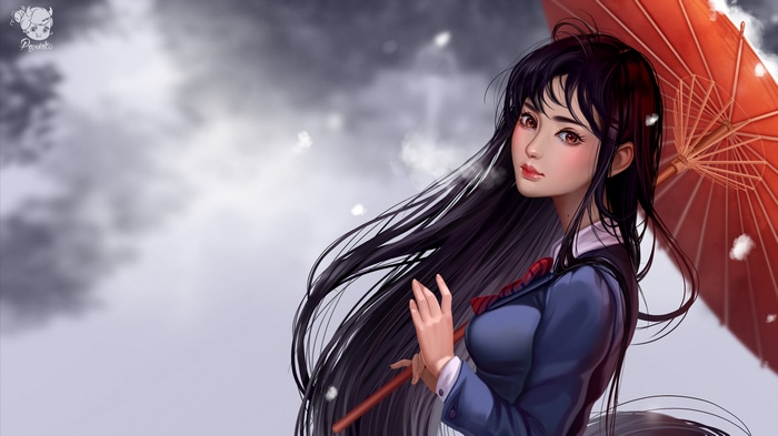 4K Prywinko girl with umbrella in snow