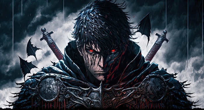 4K Anime Man with Glowing Red Eyes and Armor