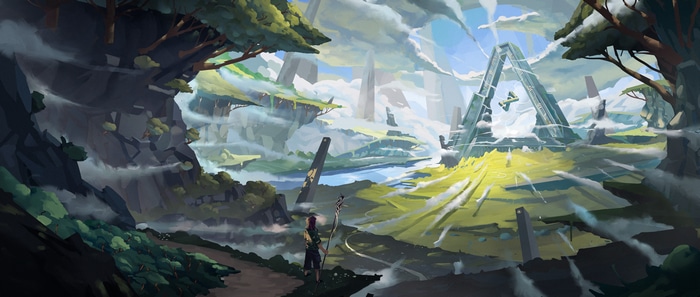 Fantasy landscape with ancient structures and clouds