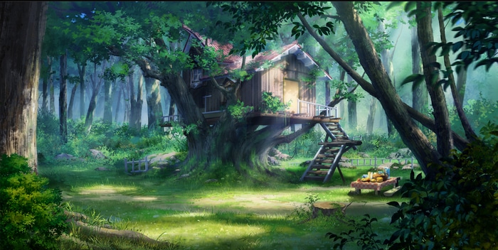 4K Tree house in a forest landscape
