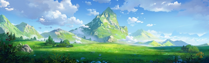 4K landscape with mountains, grass, and clouds