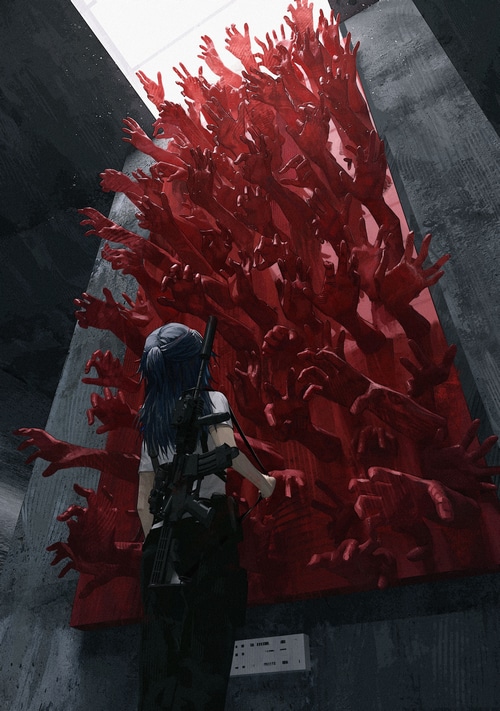 Girl with gun facing wall of red hands