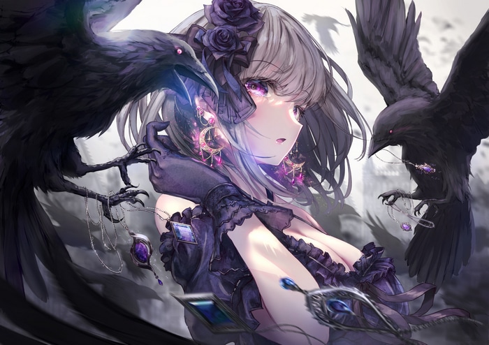Anime girl with ravens and jewelry