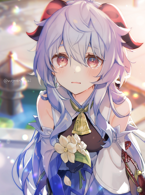Crying Ganyu from Genshin Impact holding flowers