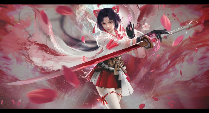 Onmyoji character with katana and red petals