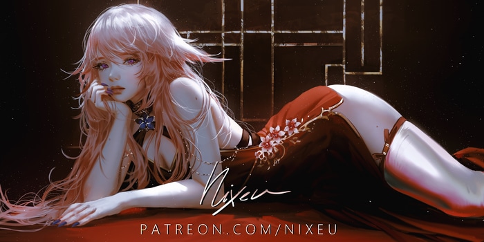 4K Nixeu woman in red Chinese dress lying down