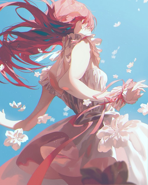Redhead girl in a dress with flowers in the wind