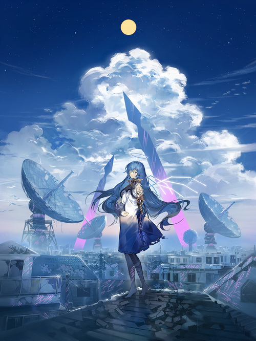 Girl with blue hair and satellite dishes under the moon