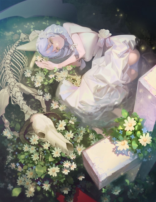Girl in white dress with bones and flowers