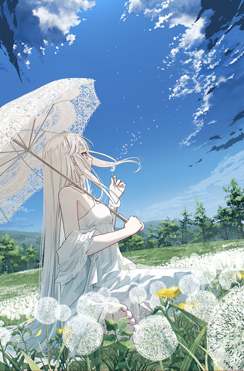 Girl with white dress and umbrella in a field of dandelions