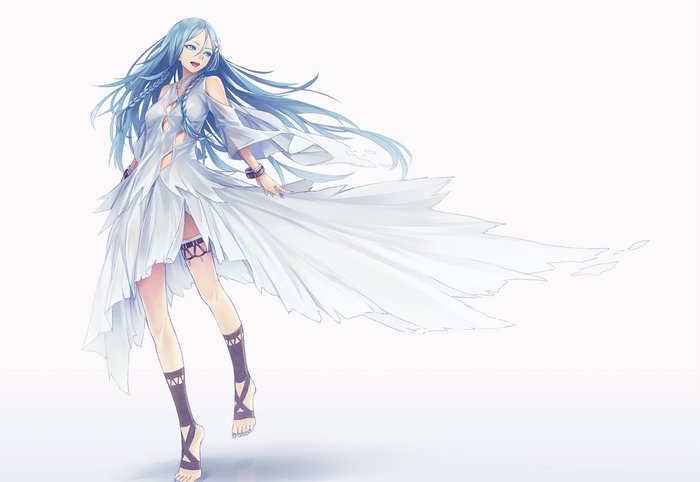 Anime girl with blue hair in a white dress