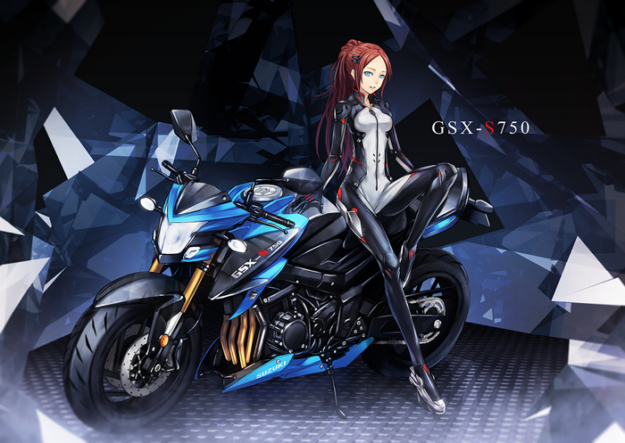 Anime girl in bodysuit with Suzuki GSX-S750 motorcycle