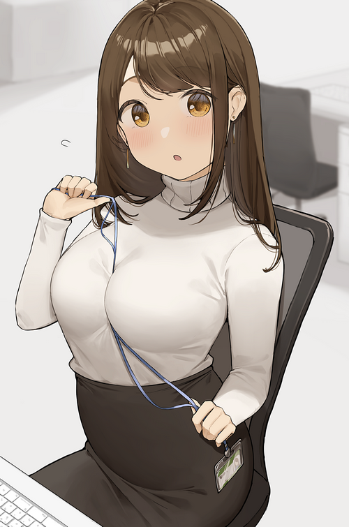 Office girl with brown hair and eyes blushing