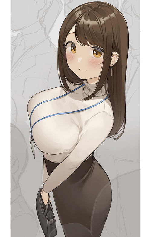Anime office girl with brown hair and eyes