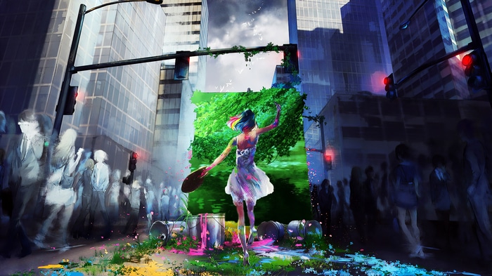 4K painting of a girl painting a green landscape in a city