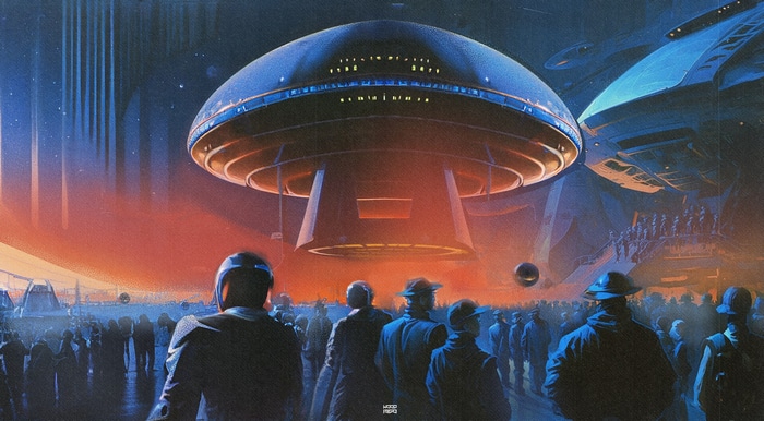 Artwork of a UFO hovering over a crowd