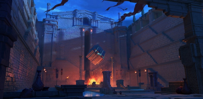 Floating cube above a fire in ancient ruins