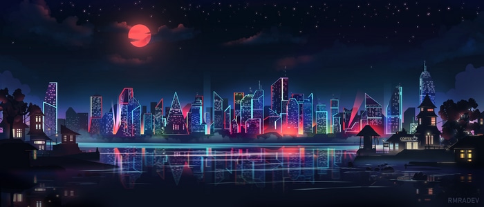 Neon Cityscape Reflection Under a Red Moon