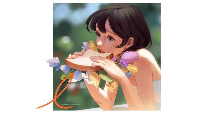 Lion Song girl eating a sandwich with flowers