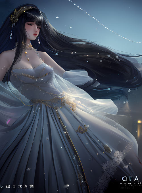 Woman in a flowing white and gold dress with long black hair