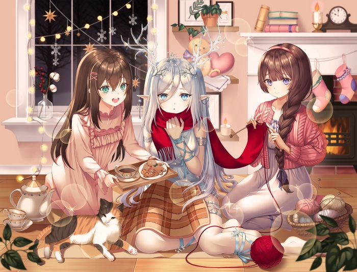 Three girls and a cat by the fireplace