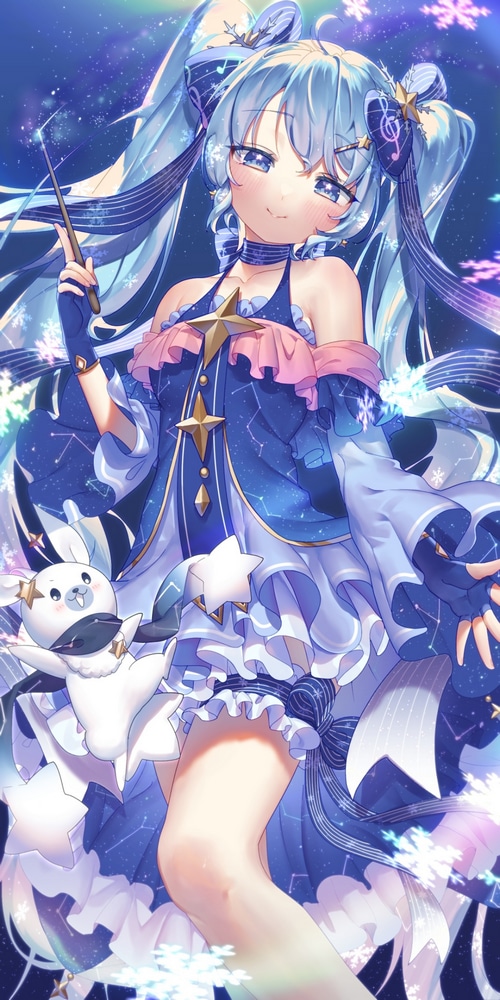 Hatsune Miku in a starry blue dress with snowflakes