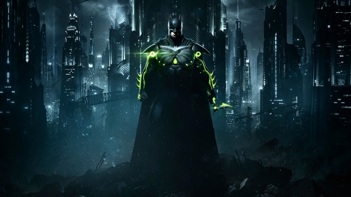 Batman in Kryptonite Armor in a Futuristic City