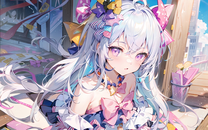 4K anime girl with white hair and bows