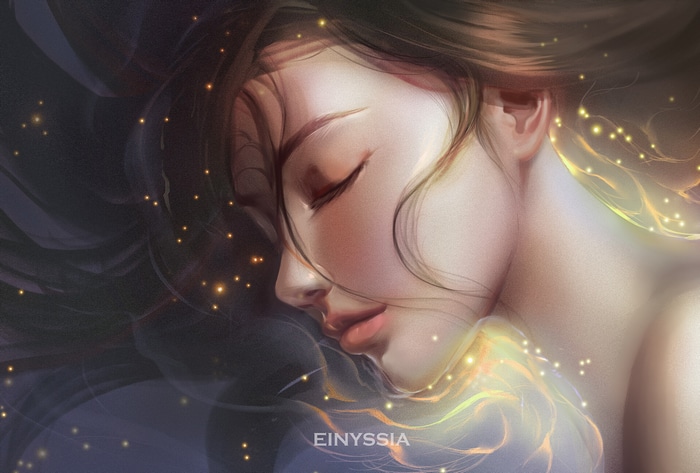 Fantasy art of Einyssia sleeping with glowing lights