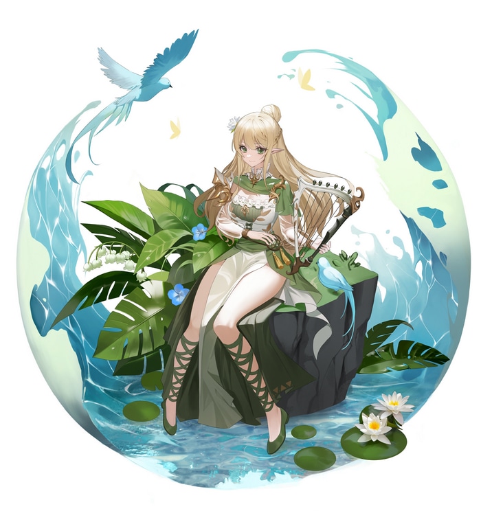 Elf girl with harp surrounded by nature