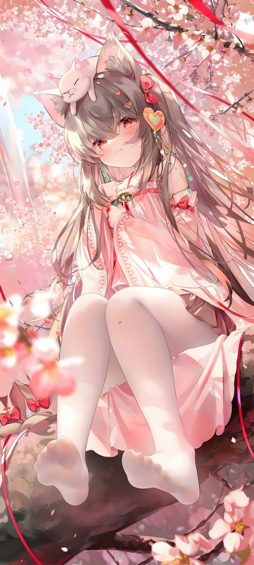 Cat girl with animal ears and cherry blossoms