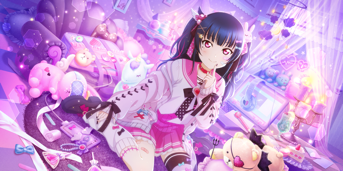 Tsushima Yoshiko in a pink and purple bedroom with plush toys