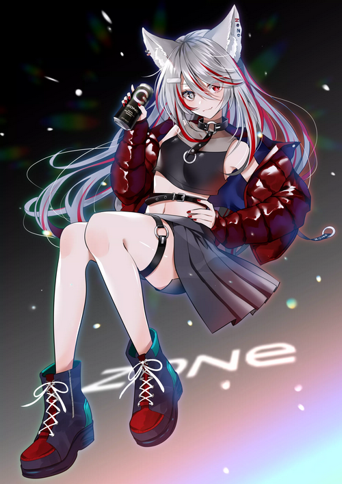 Cat girl holding a drink with long hair and red jacket