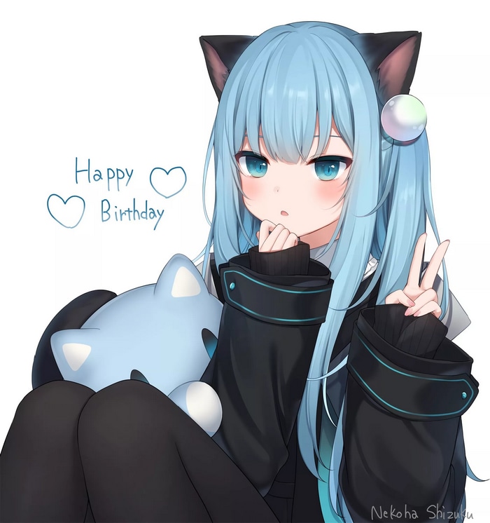 Cat girl with blue hair and blue eyes holding a plush toy