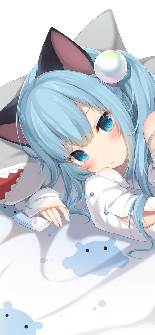 Blue-eyed cat girl in shark hoodie lying down