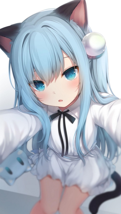 Cat girl with blue hair and blue eyes