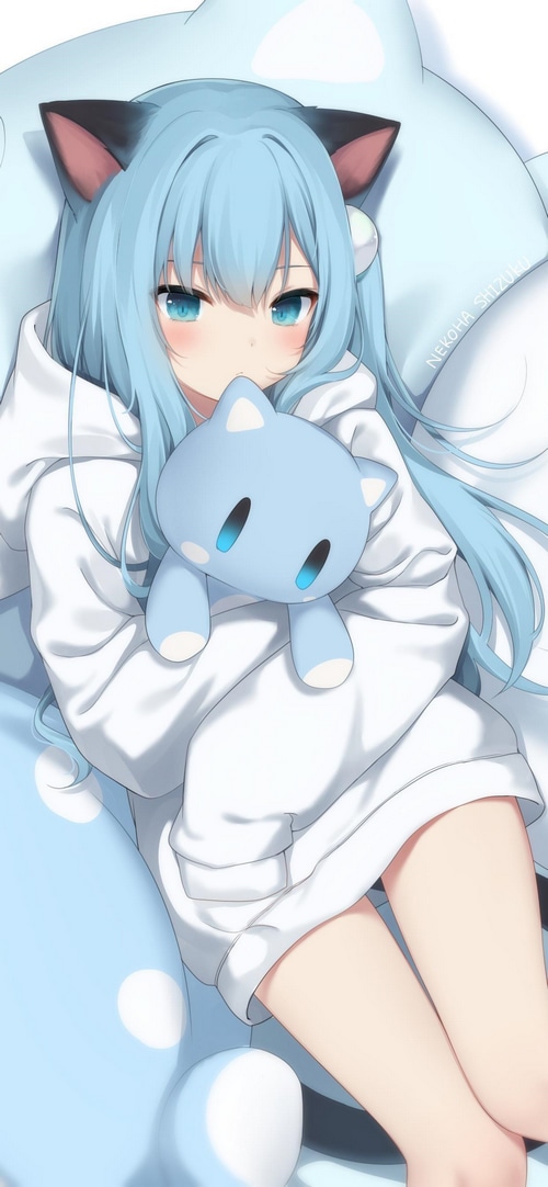 Cat girl with blue eyes holding a plush toy