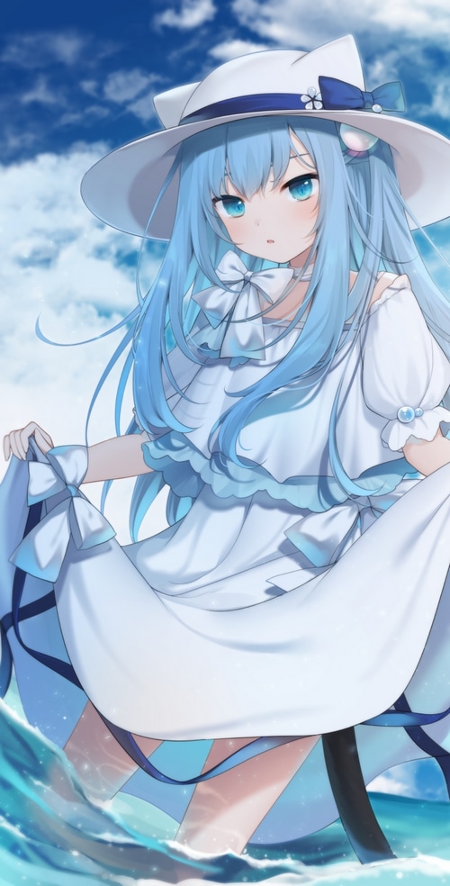 Amashiro Natsuki in a white dress standing in water