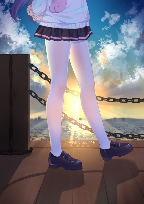 Girl in white pantyhose and miniskirt at sunset
