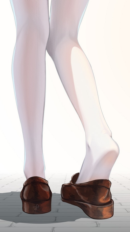 Close-up of legs and feet in white socks and brown shoes